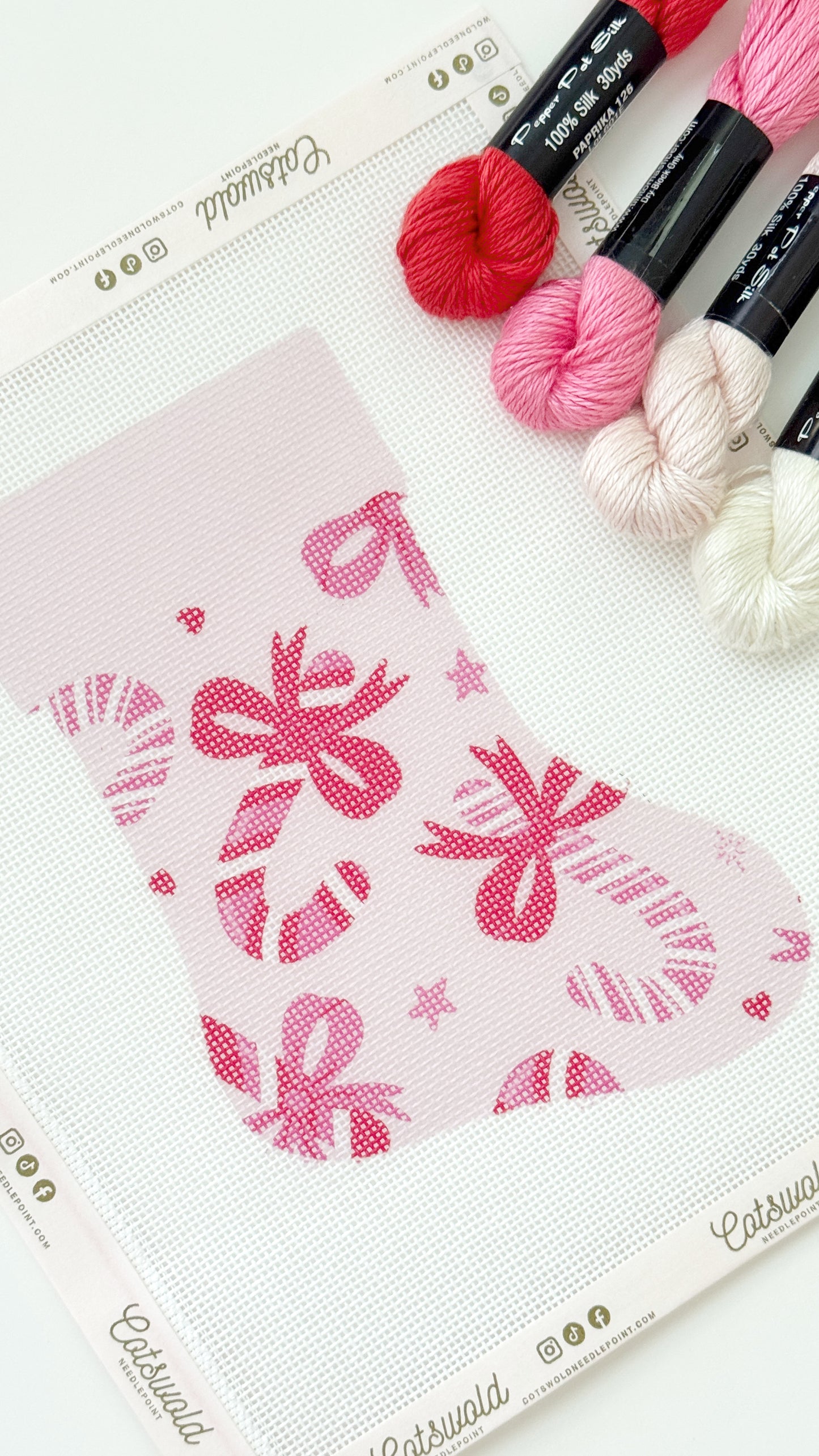 Candy Cane Bows Mini Christmas Needlepoint Canvas, 18 Mesh, Artisan Printed Needlepoint, 6x9 Design