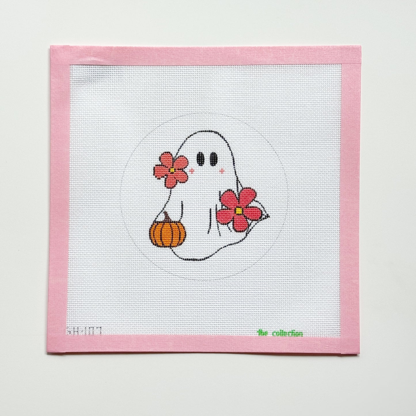 Flower Groovy Ghost Halloween Round Needlepoint Canvas, Halloween Ornament, 18 Mesh, 4x4