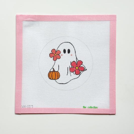 Flower Groovy Ghost Halloween Round Needlepoint Canvas, Halloween Ornament, 18 Mesh, 4x4