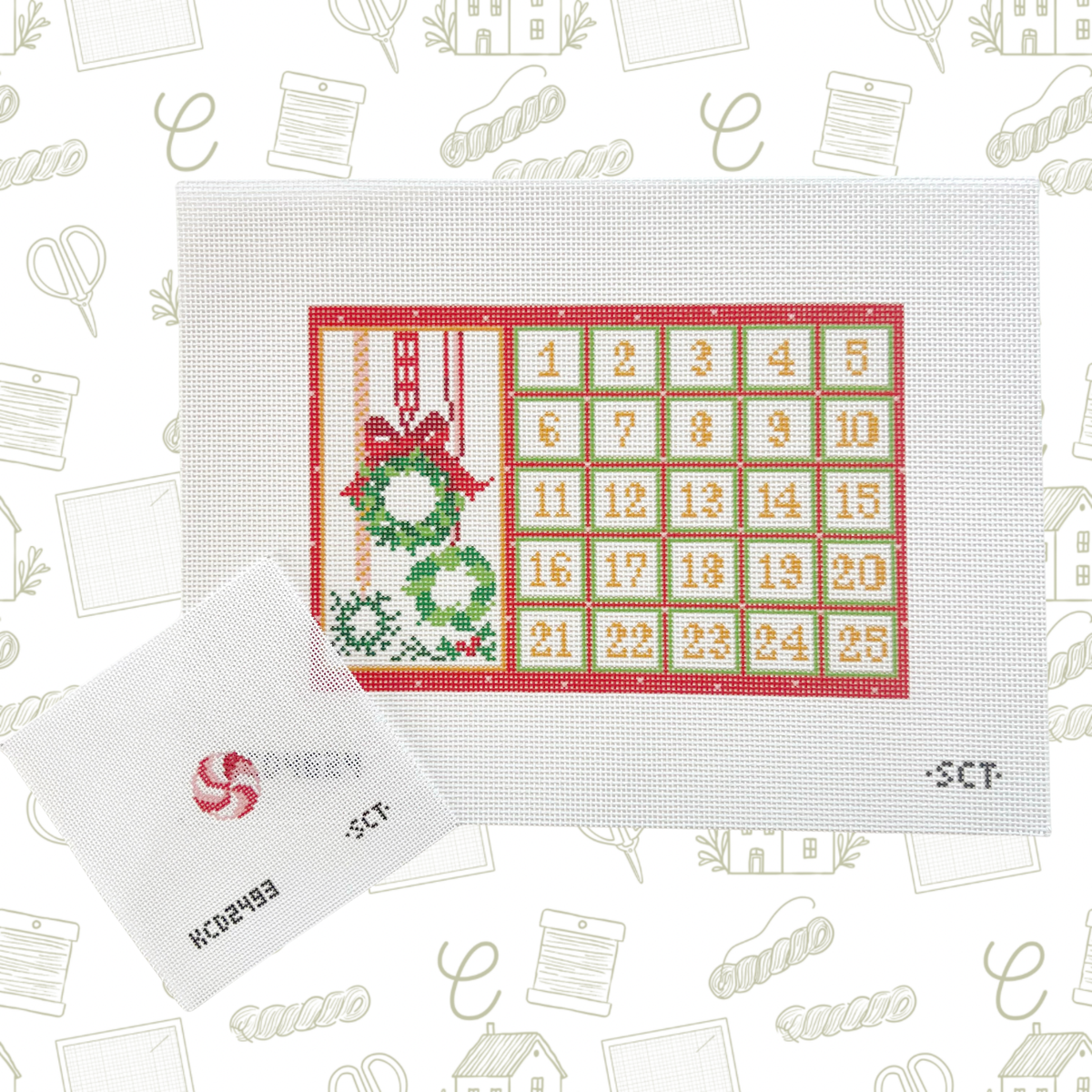 Tiny Christmas Advent Calendar with Peppermint Piece Needlepoint Canvas, 13 Mesh, 9"x6" Design Size