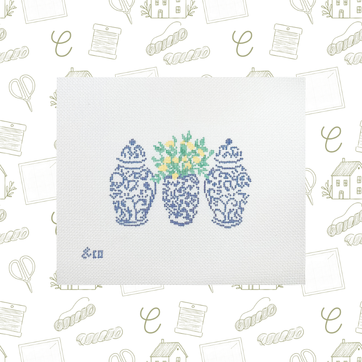 Blue and White Ginger Jars with Lemons Needlepoint Canvas, 18 Mesh, 5"x3" Design Size