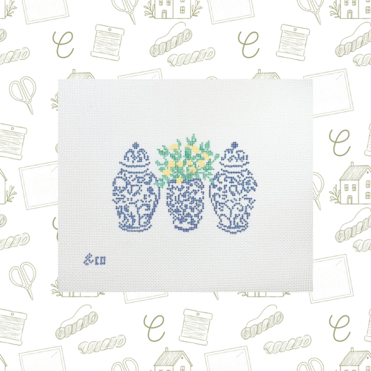 Blue and White Ginger Jars with Lemons Needlepoint Canvas, 18 Mesh, 5"x3" Design Size