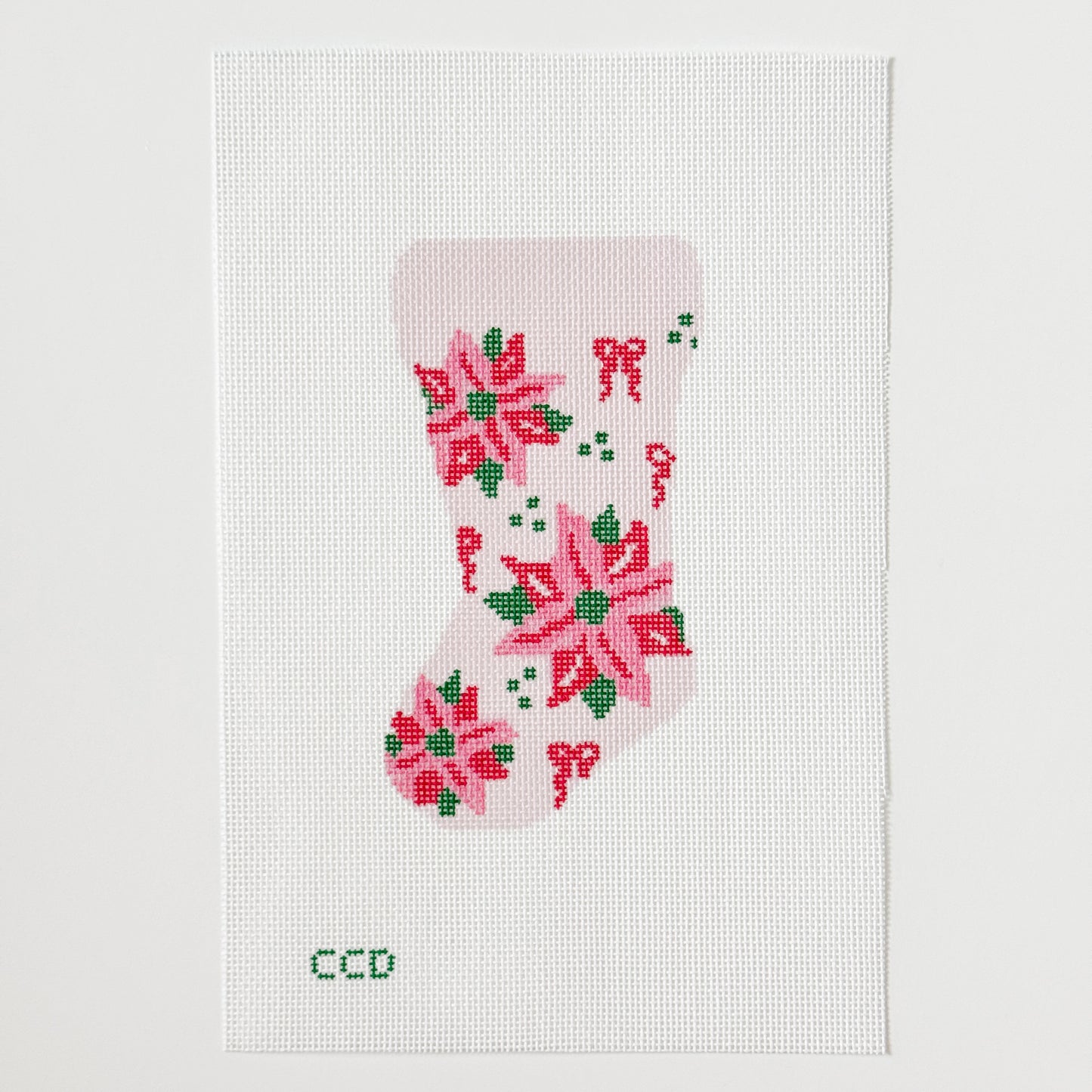 Wholesale Exclusive Poinsettia Bow Mini Stocking 18 Mesh Hand Painted Needlepoint Canvas 6”x3”