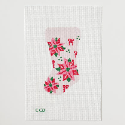 Wholesale Exclusive Poinsettia Bow Mini Stocking 18 Mesh Hand Painted Needlepoint Canvas 6”x3”