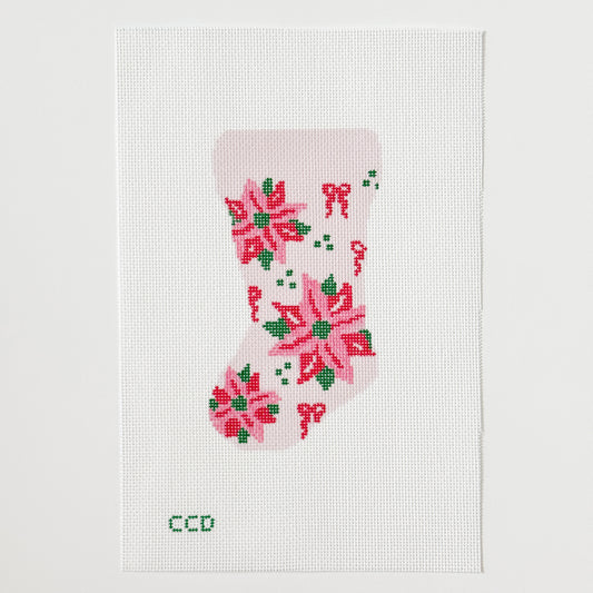 Wholesale Exclusive Poinsettia Bow Mini Stocking 18 Mesh Hand Painted Needlepoint Canvas 6”x3”