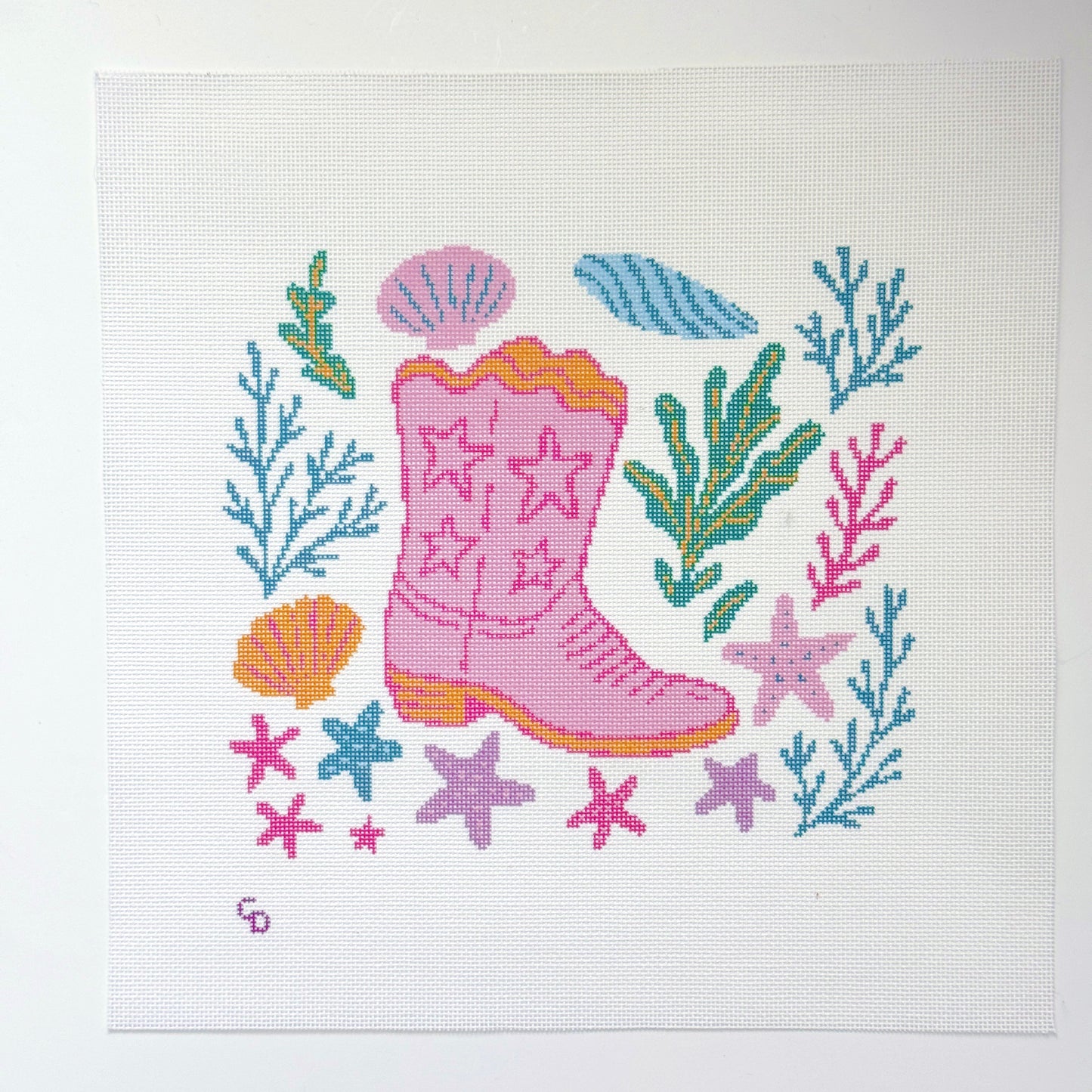 Coastal Cowgirl Boot Hand Painted Needlepoint Canvas 18 Mesh, 10x10 Design