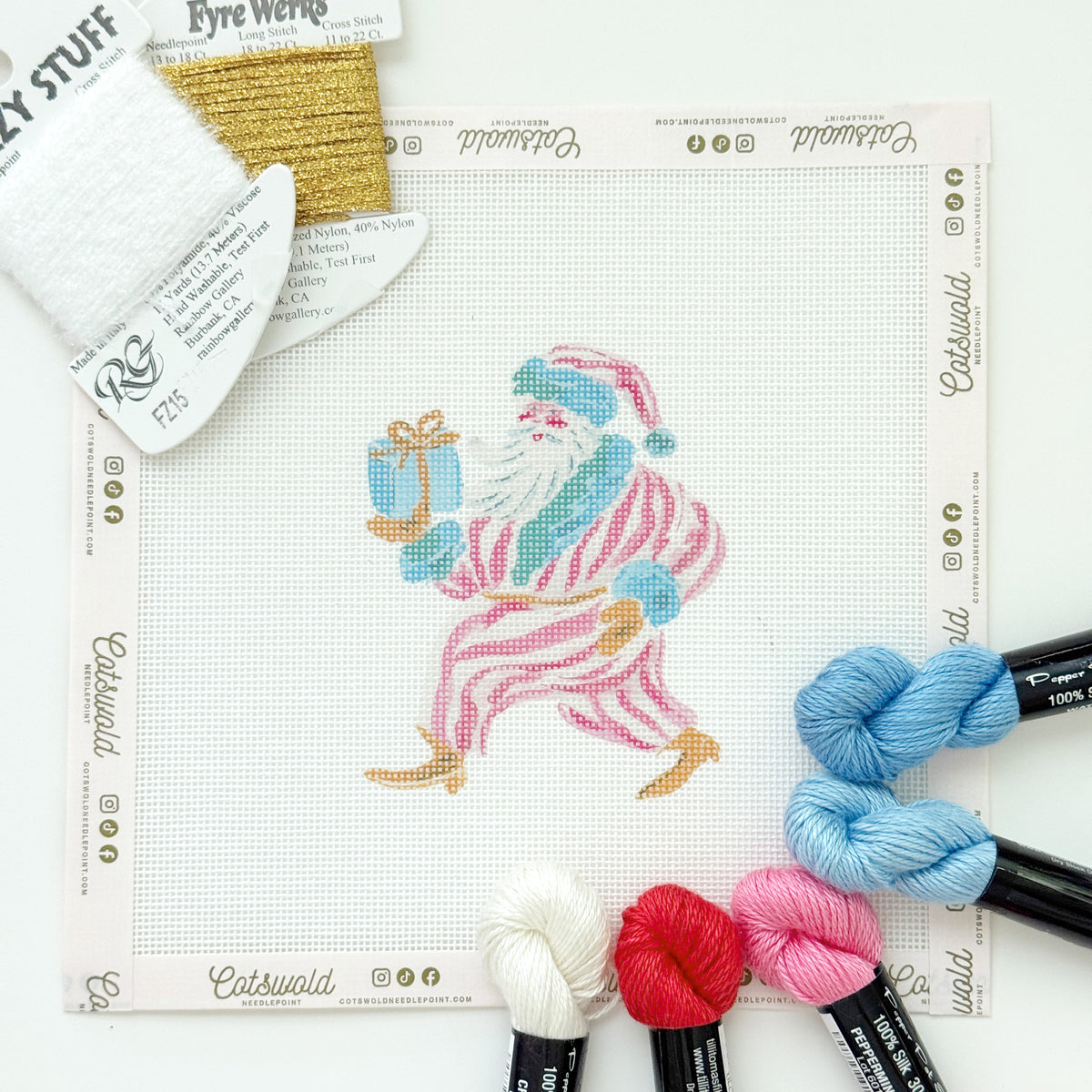 Whimsical Santa Christmas Needlepoint Canvas, 18 Mesh, Artisan Printed Needlepoint, 4x5 Design