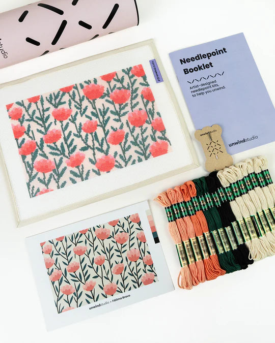 Pink Floral Needlepoint Beginner Kit, Unwind Studio Needlepoint Kit