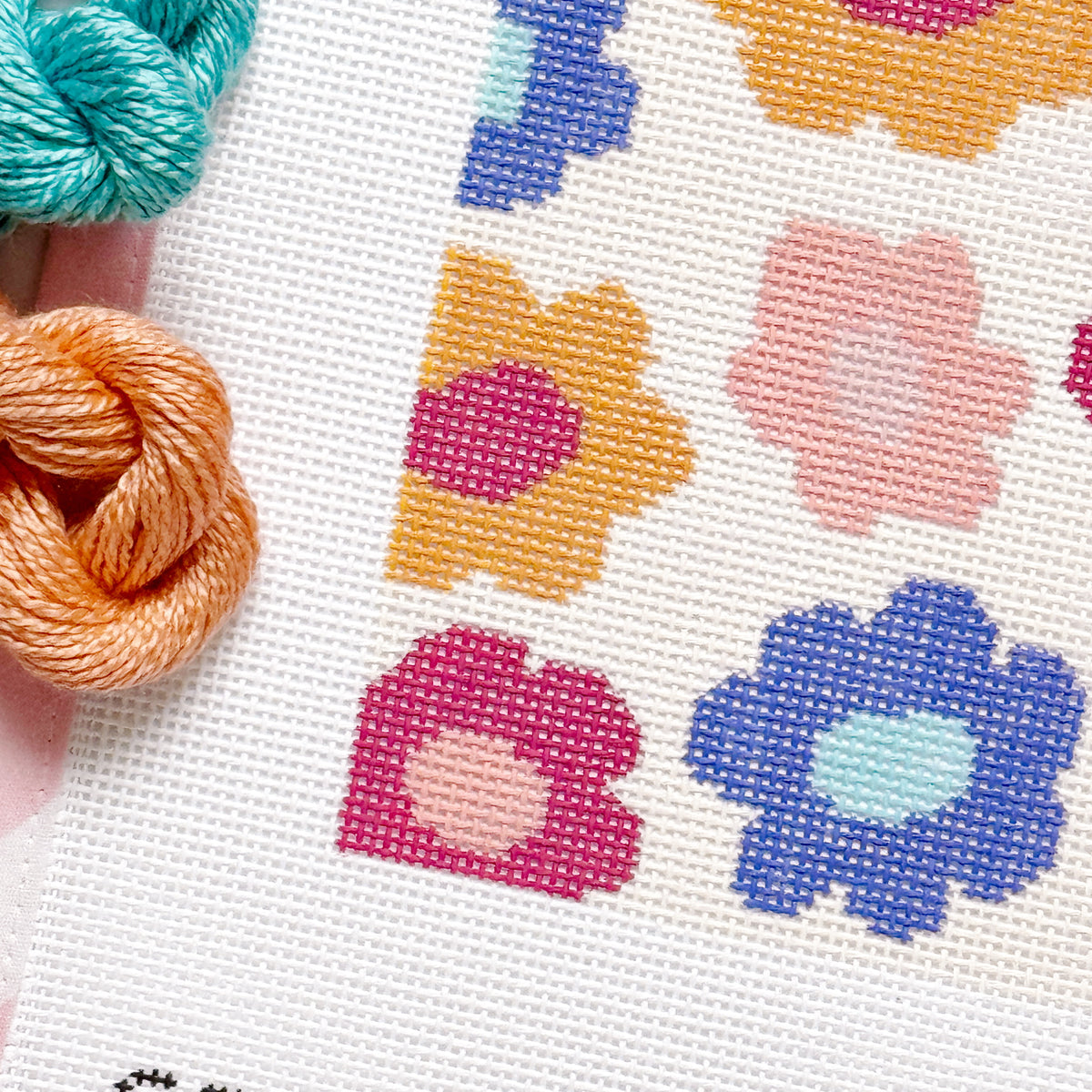 Retro Flower Pillow Needlepoint Canvas | Hand-Painted 13 Mesh | 8.5” x 8.5” Design on 12” x 12” Canvas
