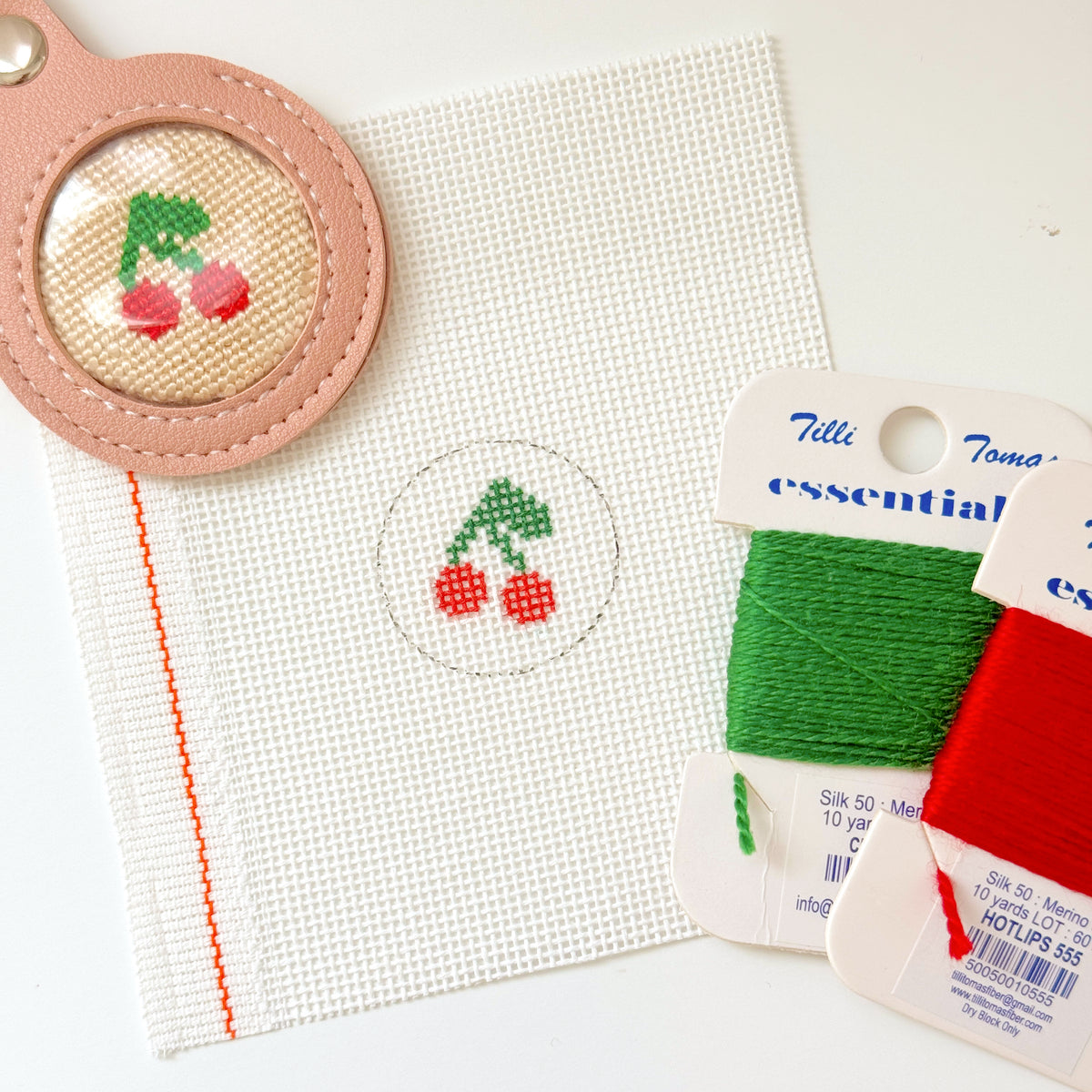 Mini Cherry 1” Round Key Fob Needlepoint Canvas, Mini Needlepoint Canvas, Cherry Needlepoint