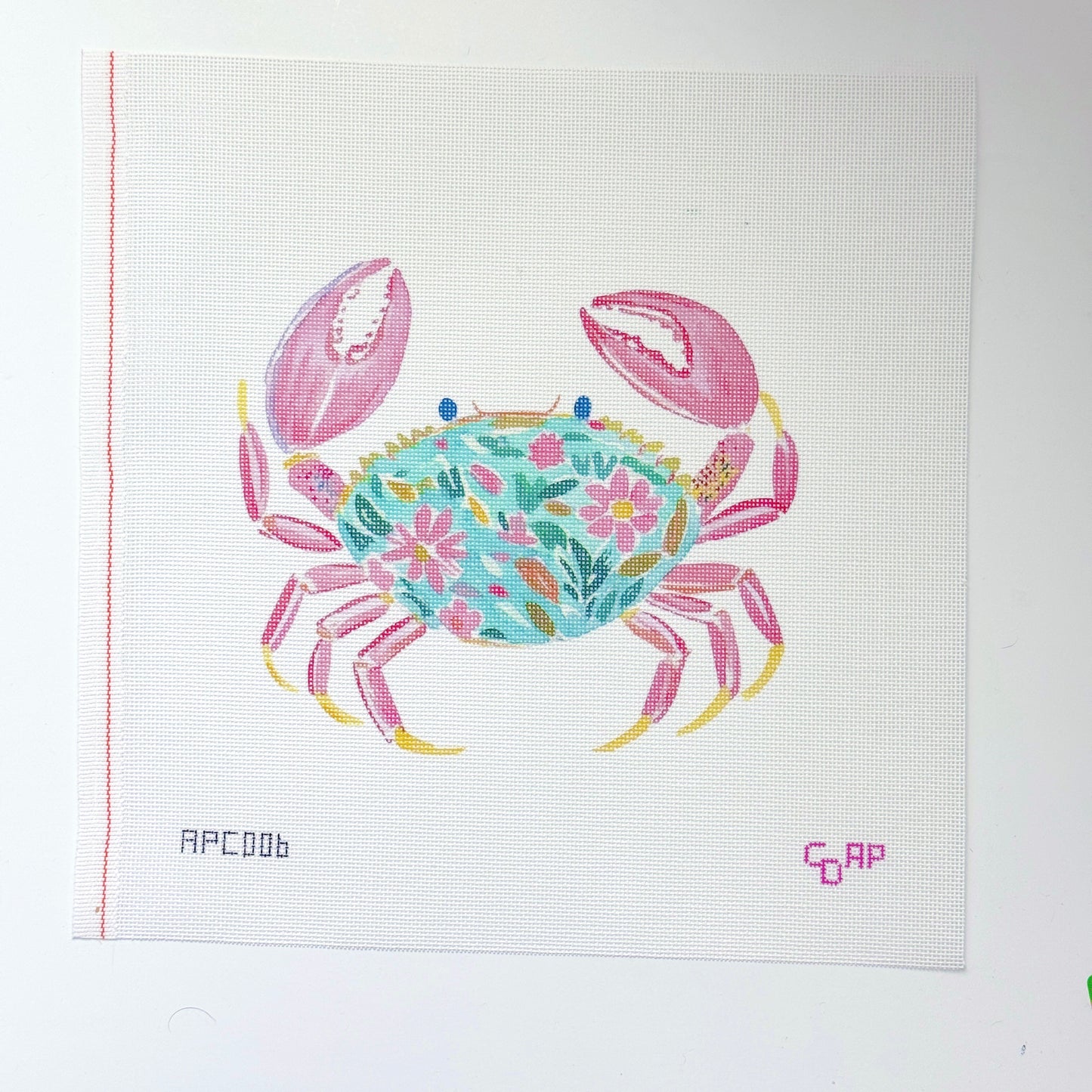 Floral Watercolor Crab Artist Printed Needlepoint Canvas 18 Mesh 10x8 Design