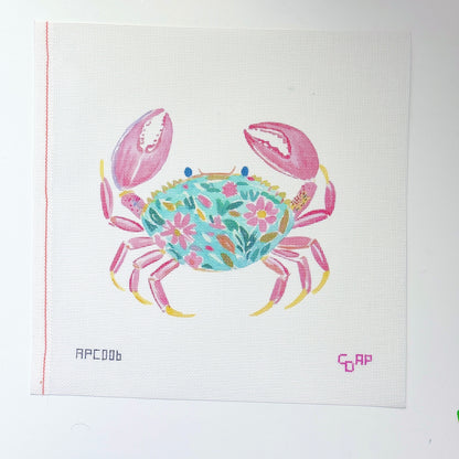 Floral Watercolor Crab Artist Printed Needlepoint Canvas 18 Mesh 10x8 Design