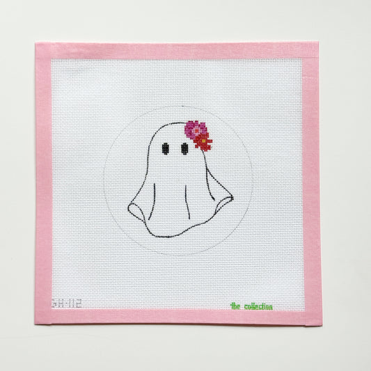 Flower Groovy Ghost Halloween Round Needlepoint Canvas, Halloween Ornament, 18 Mesh, 4x4