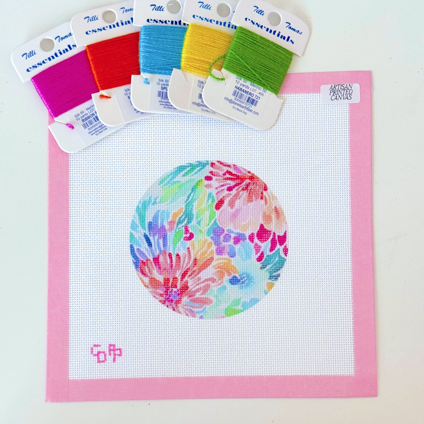 Floral Round Ornament Needlepoint Canvas, Artisan Printed Needlepoint Canvas, 18 Mesh, 4x4 Design