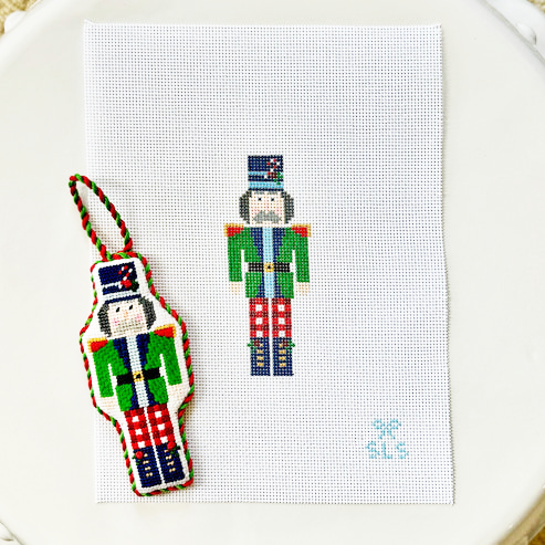 Gingham Nutcracker Christmas Ornament Needlepoint Canvas, Holiday Nutcracker, 18 Mesh, 2" x 5", Hand-Painted