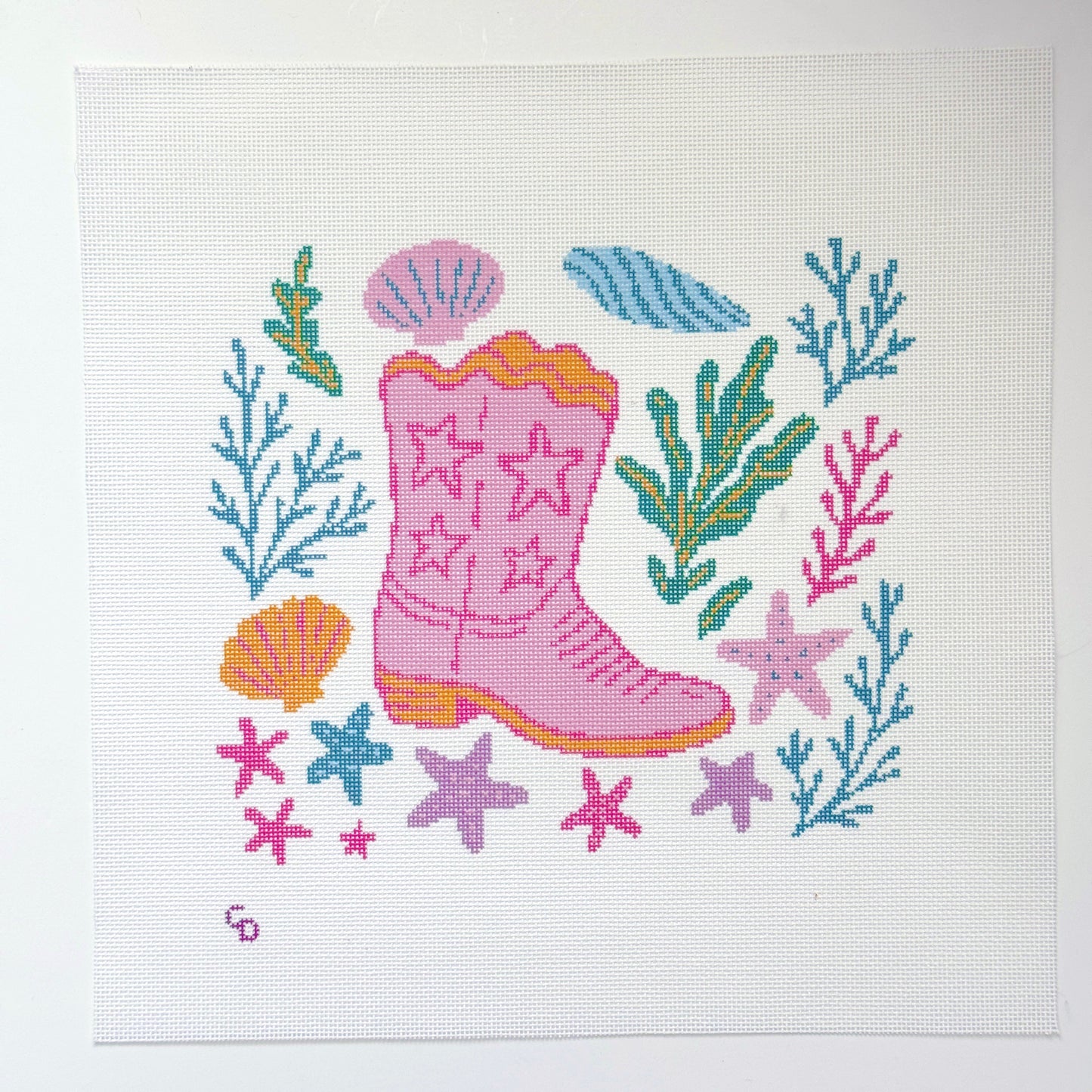 Coastal Cowgirl Boot Hand Painted Needlepoint Canvas 18 Mesh, 10x10 Design