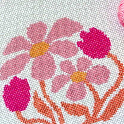 Abstract Boho Pink Flower Round Ornament Needlepoint, Boho Needlepoint Canvas, Spring Needlepoint Canvas, 18 Mesh, 4x4