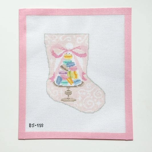 Macarons Bow Mini Stocking Ornament Needlepoint Canvas, 18 Mesh, 4.25”x6” Design