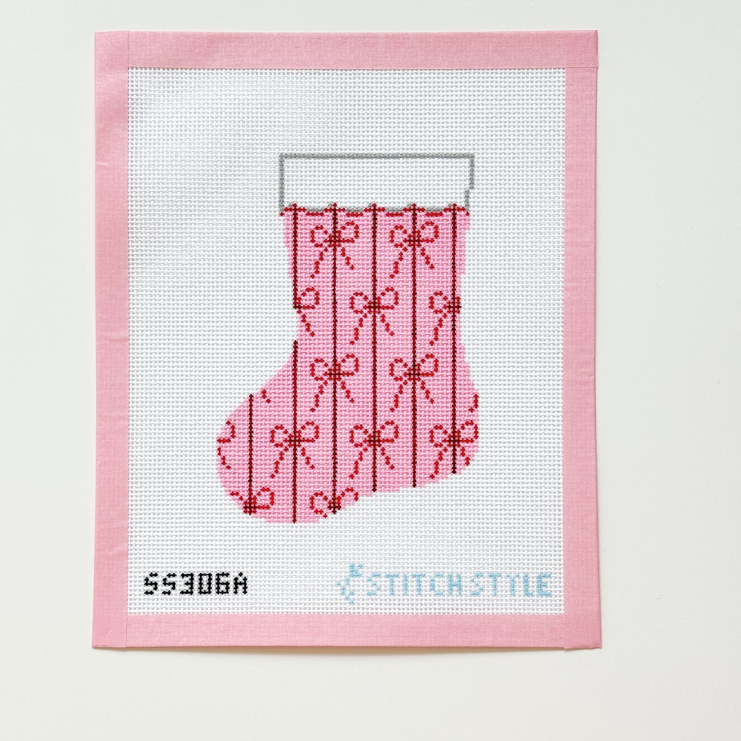 Red and Pink Bow Mini Stocking Christmas Needlepoint Canvas, 13 Mesh, 4.5x6 Design