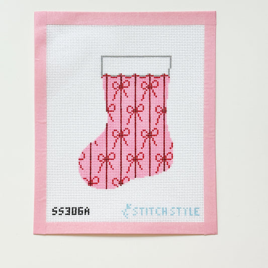 Red and Pink Bow Mini Stocking Christmas Needlepoint Canvas, 13 Mesh, 4.5x6 Design