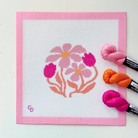 Abstract Boho Pink Flower Round Ornament Needlepoint, Boho Needlepoint Canvas, Spring Needlepoint Canvas, 18 Mesh, 4x4