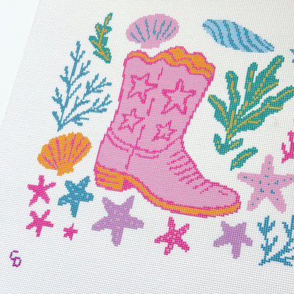 Coastal Cowgirl Boot Hand Painted Needlepoint Canvas 18 Mesh, 10x10 Design