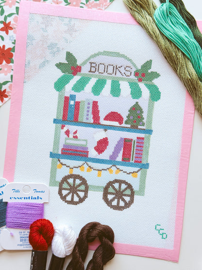 Christmas Book Trolley Cart Needlepoint Canvas 18 Mesh 5”x7” Design, Modern Christmas Bookish Neexlepoint