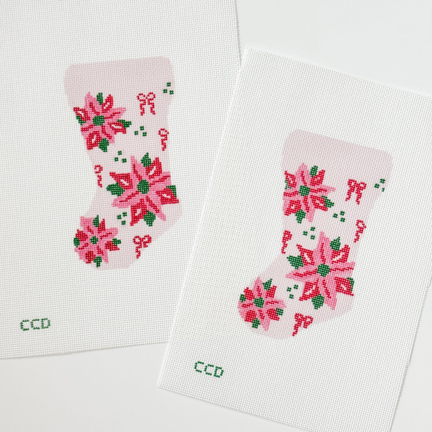 Wholesale Exclusive Poinsettia Bow Mini Stocking 18 Mesh Hand Painted Needlepoint Canvas 6”x3”