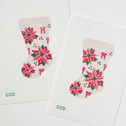 Wholesale Exclusive Poinsettia Bow Mini Stocking 18 Mesh Hand Painted Needlepoint Canvas 6”x3”