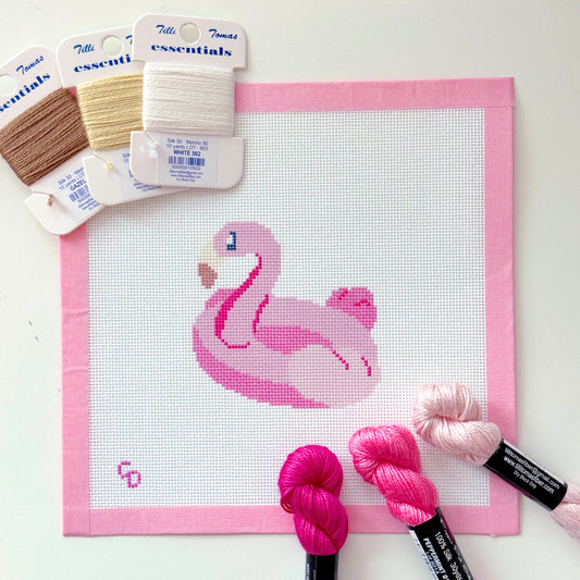 Pink Flamingo Pool Float Needlepoint Canvas, Summer Needlepoint Canvas, 18 Mesh, 4x4 Design