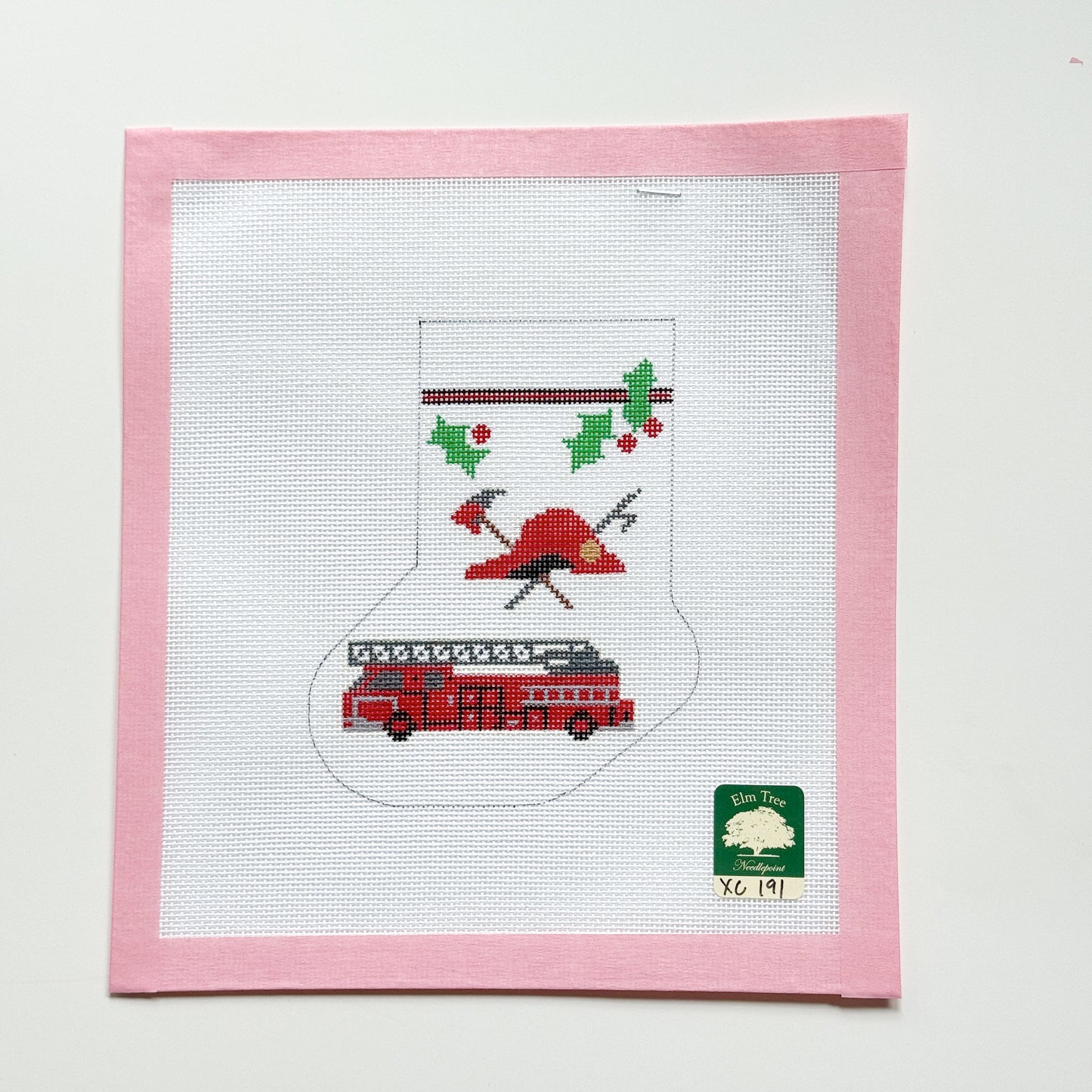 Firefighter Mini Stocking Ornament Needlepoint Canvas, 18 Mesh, 4.25”x6” Design