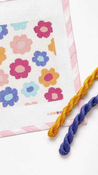 Retro Flower Pillow Needlepoint Canvas | Hand-Painted 13 Mesh | 8.5” x 8.5” Design on 12” x 12” Canvas