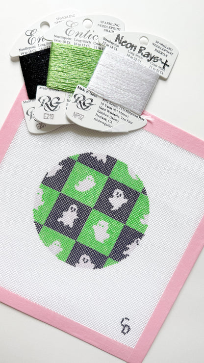 Checkered Ghost Round Halloween Needlepoint Canvas, Halloween Ornament Needlepoint, 18 Mesh, 4x4 Design