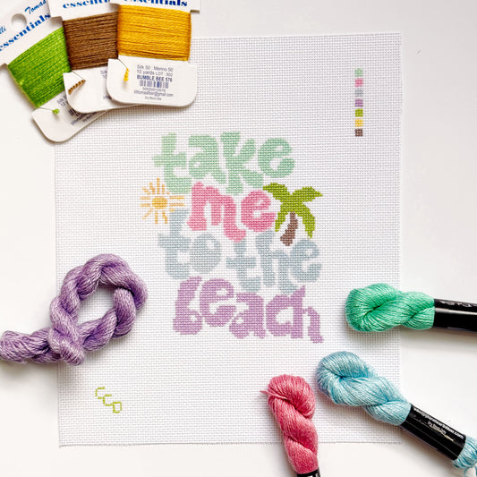 Take Me to the Beach Retro Needlepoint Canvas | Hand-Painted 18 Mesh | 5” x 4” Design on 8” x 8” Canvas