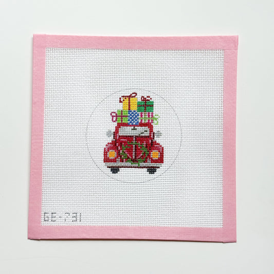 Christmas Car with Presents Retro Needlepoint Canvas, 18 Mesh, 4”x4” Round Design