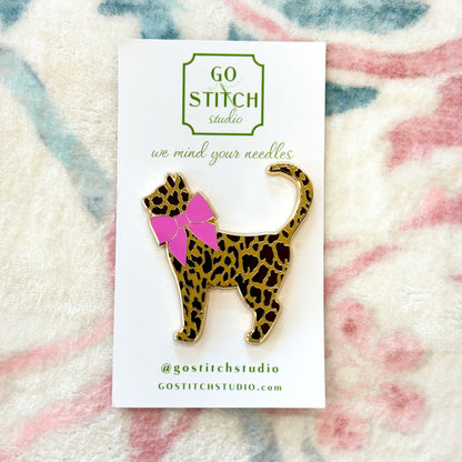 Leopard Kitty Pink Bow Needleminder, Needlepoint Accessories