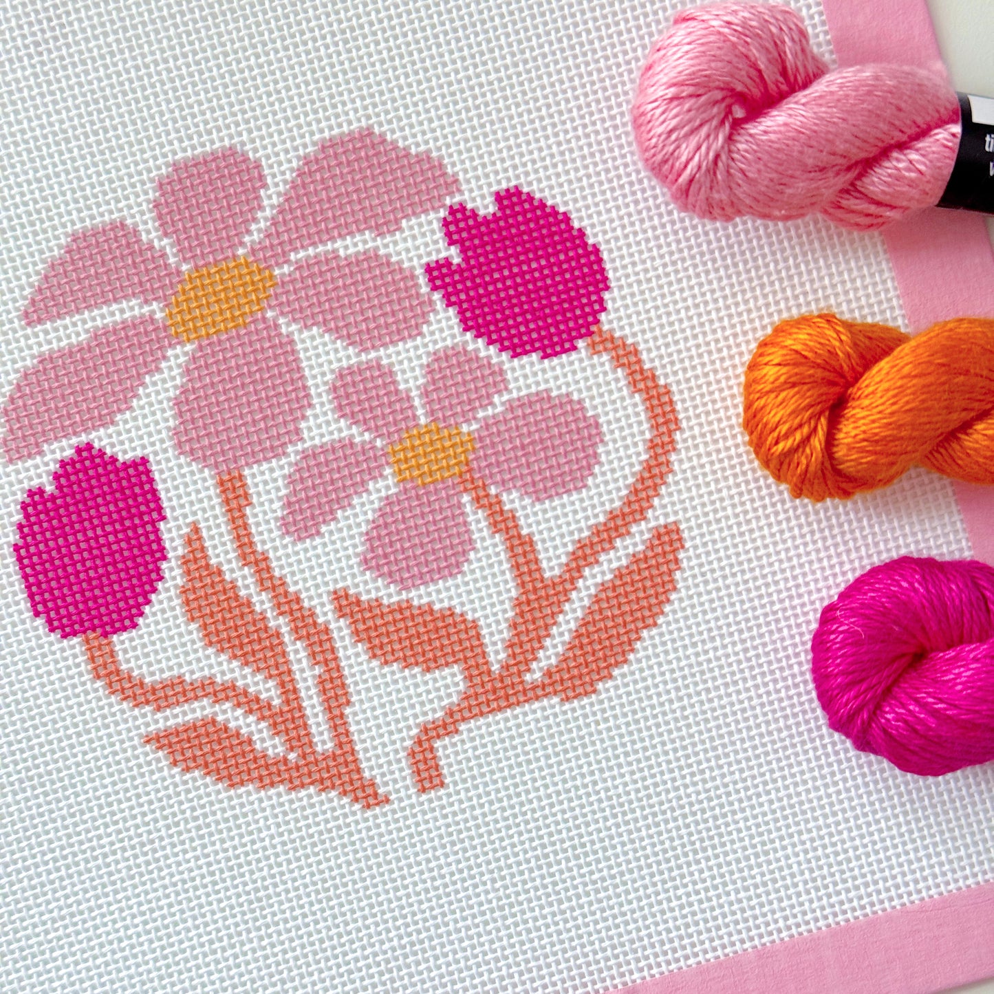 Abstract Boho Pink Flower Round Ornament Needlepoint, Boho Needlepoint Canvas, Spring Needlepoint Canvas, 18 Mesh, 4x4