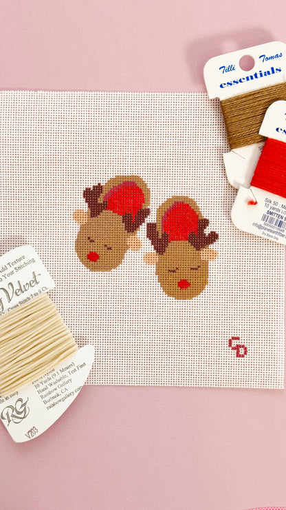 Reindeer Slippers Christmas Needlepoint Canvas 18 Mesh 2.5”x2.5” Design