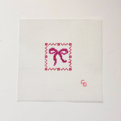 Mini Bow Stamp Hand Painted Needlepoint Canvas 18 Mesh, 2x2 Design, Bag Tag Canvas