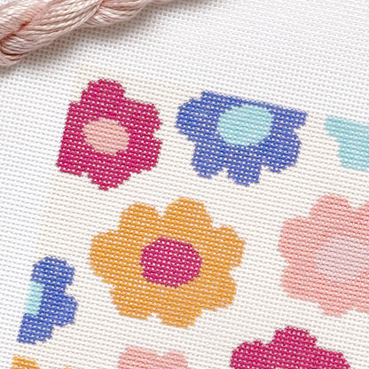Retro Flower Pillow Needlepoint Canvas | Hand-Painted 13 Mesh | 8.5” x 8.5” Design on 12” x 12” Canvas