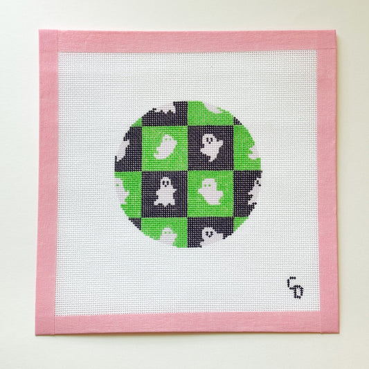 Lime Green Ghost Checkered Needlepoint Canvas, Halloween Ornament Needlepoint Canvas, 18 Mesh, 4x4 Design