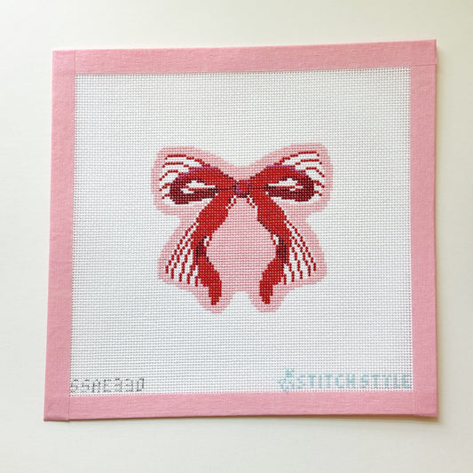 Red Stripe Double Christmas Bow Needlepoint Canvas, 18 Mesh, 4x4 Design