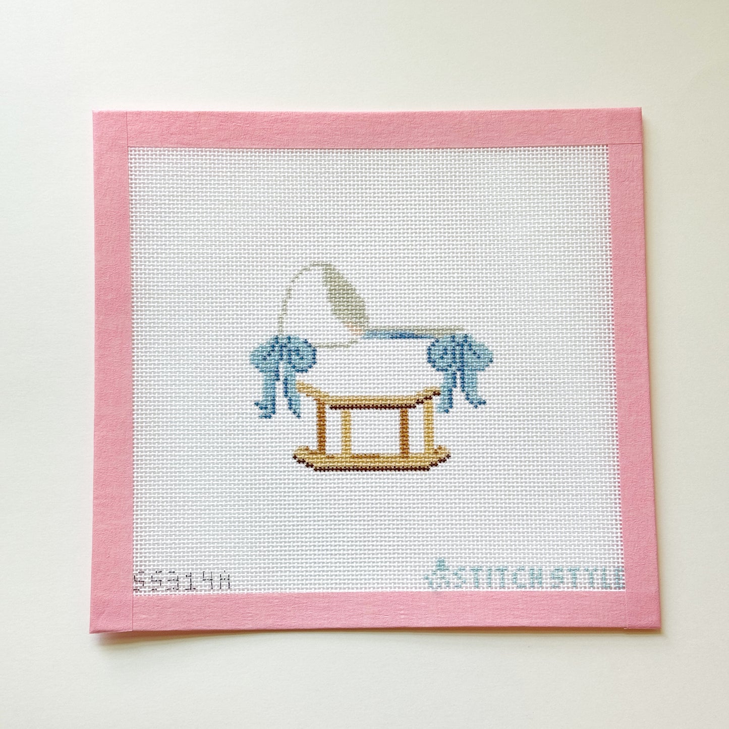 Baby Bassinet Blue Bows Needlepoint Canvas, 18 Mesh, 4x4 Design