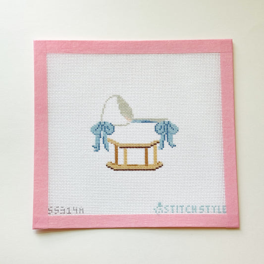 Baby Bassinet Blue Bows Needlepoint Canvas, 18 Mesh, 4x4 Design