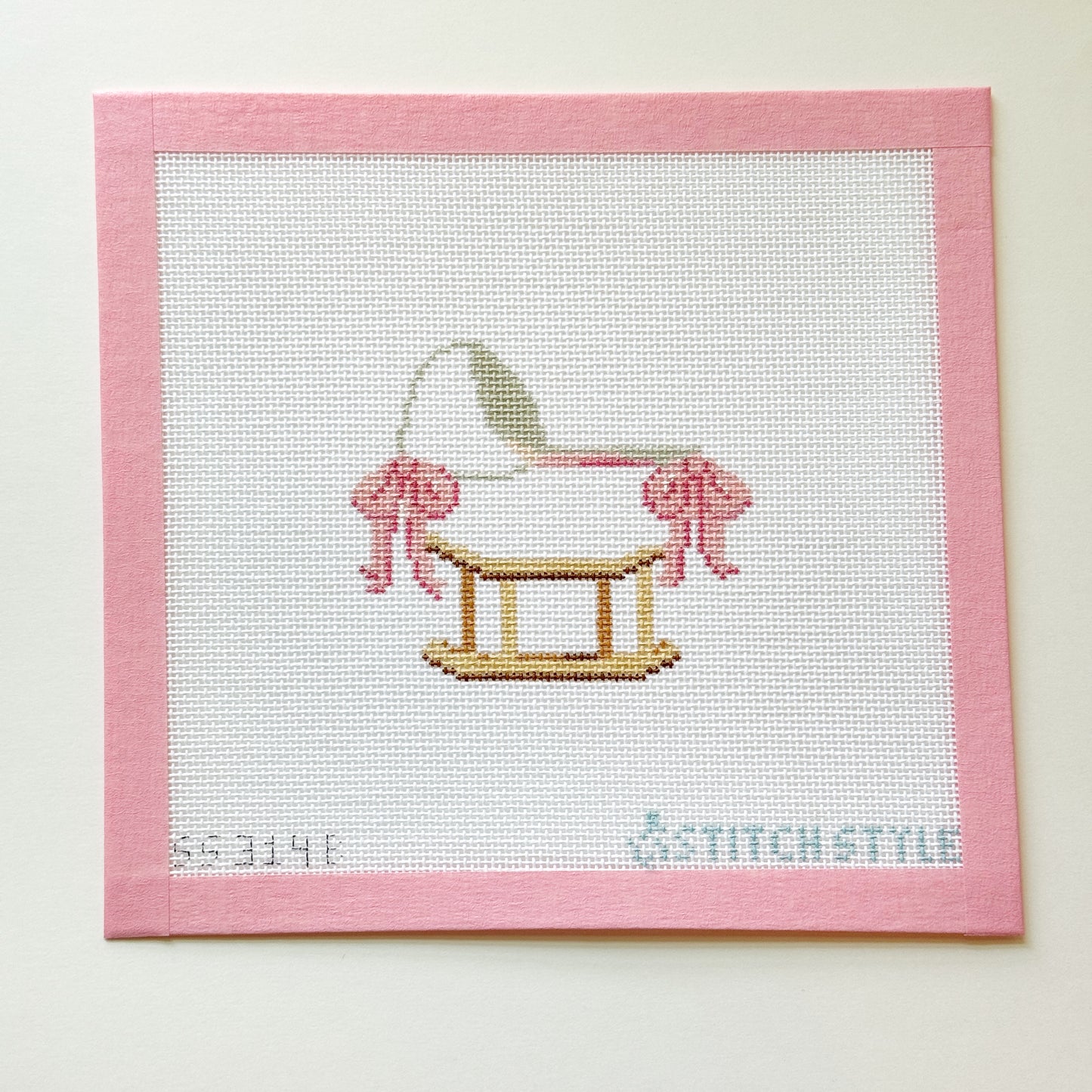 Baby Bassinet Pink Bows Needlepoint Canvas, 18 Mesh, 4x4 Design