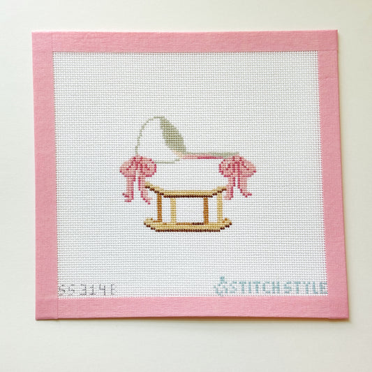 Baby Bassinet Pink Bows Needlepoint Canvas, 18 Mesh, 4x4 Design