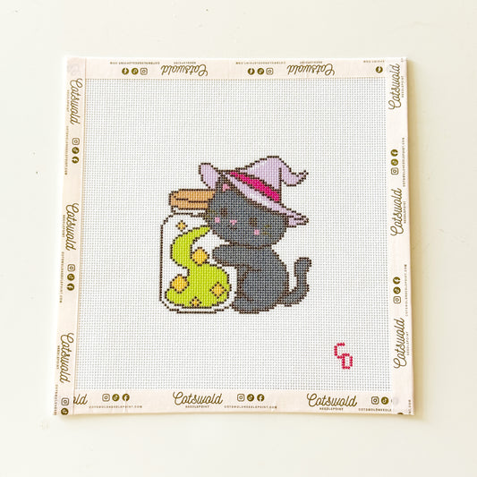 Magic Kitty Halloween Needlepoint Canvas, Witch Cat Needlepoint, 3x4 Design, 18 Mesh