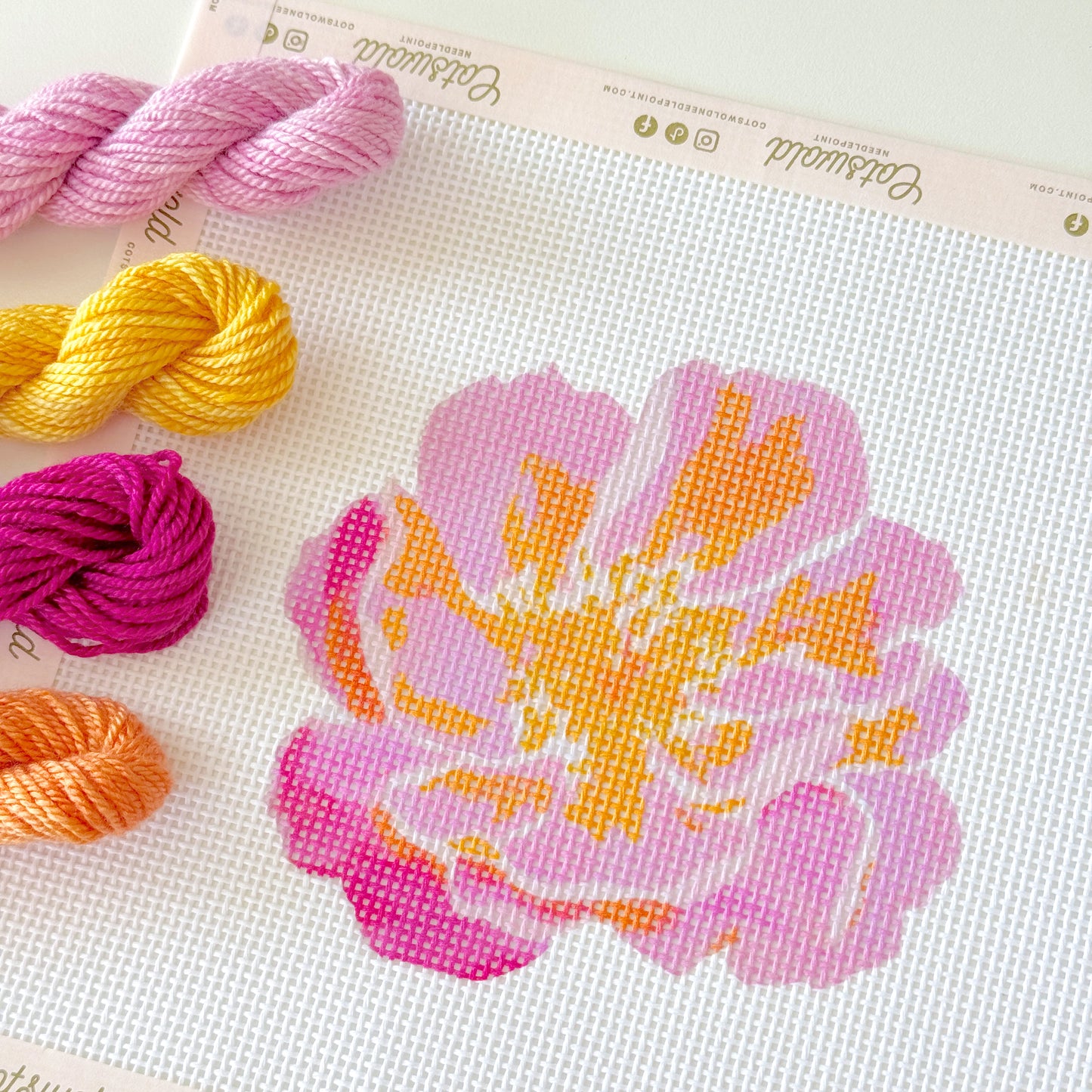 Pink Orange Blossom Flower Needlepoint Canvas, 13 Mesh, 4x4 Design