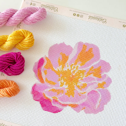 Pink Orange Blossom Flower Needlepoint Canvas, 13 Mesh, 4x4 Design