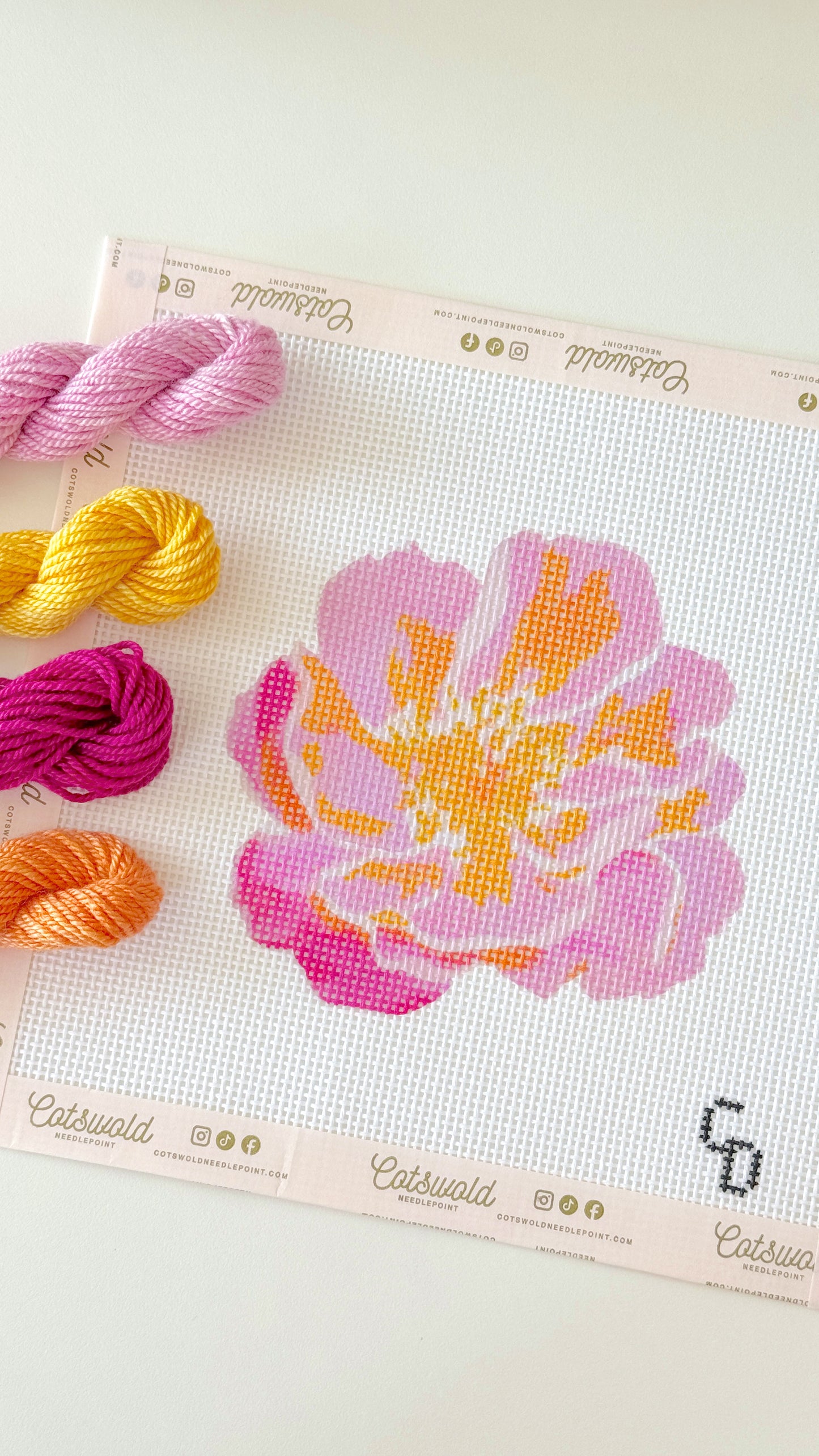 Pink Orange Blossom Flower Needlepoint Canvas, 13 Mesh, 4x4 Design